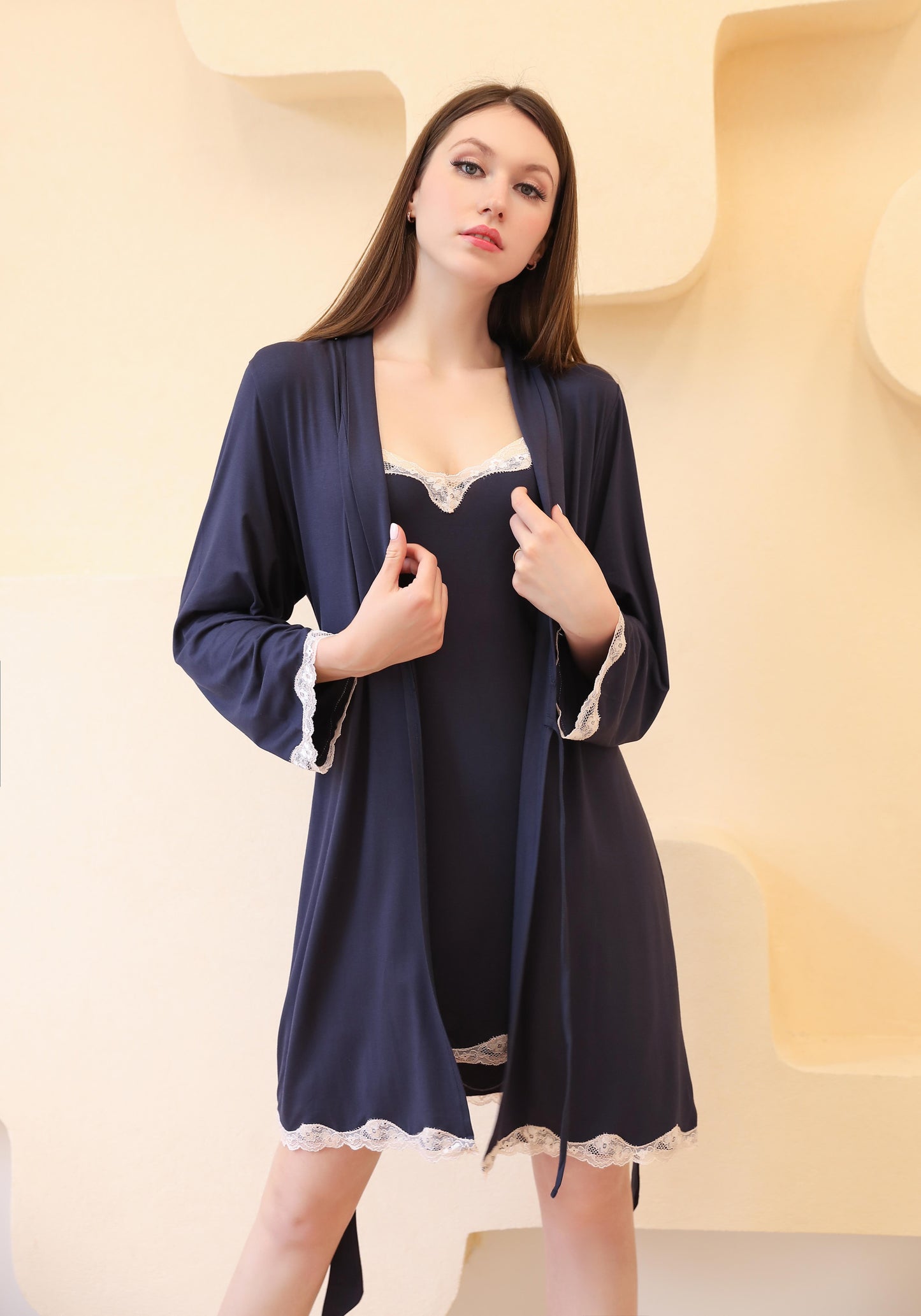 Viscose Robe Set from Nightgown Factory, a luxurious sleepwear ensemble with lace trim, crafted by Pajamas Manufacturers, perfect for a stylish night