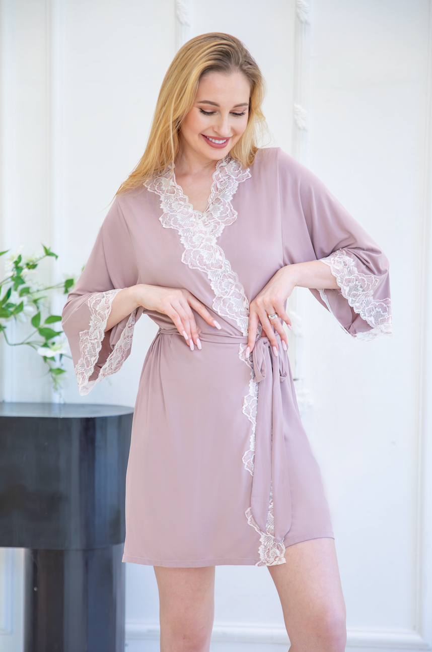 Elegant pink robe with lace trim from a premier sleepwear factory, crafted by expert pajamas manufacturers.