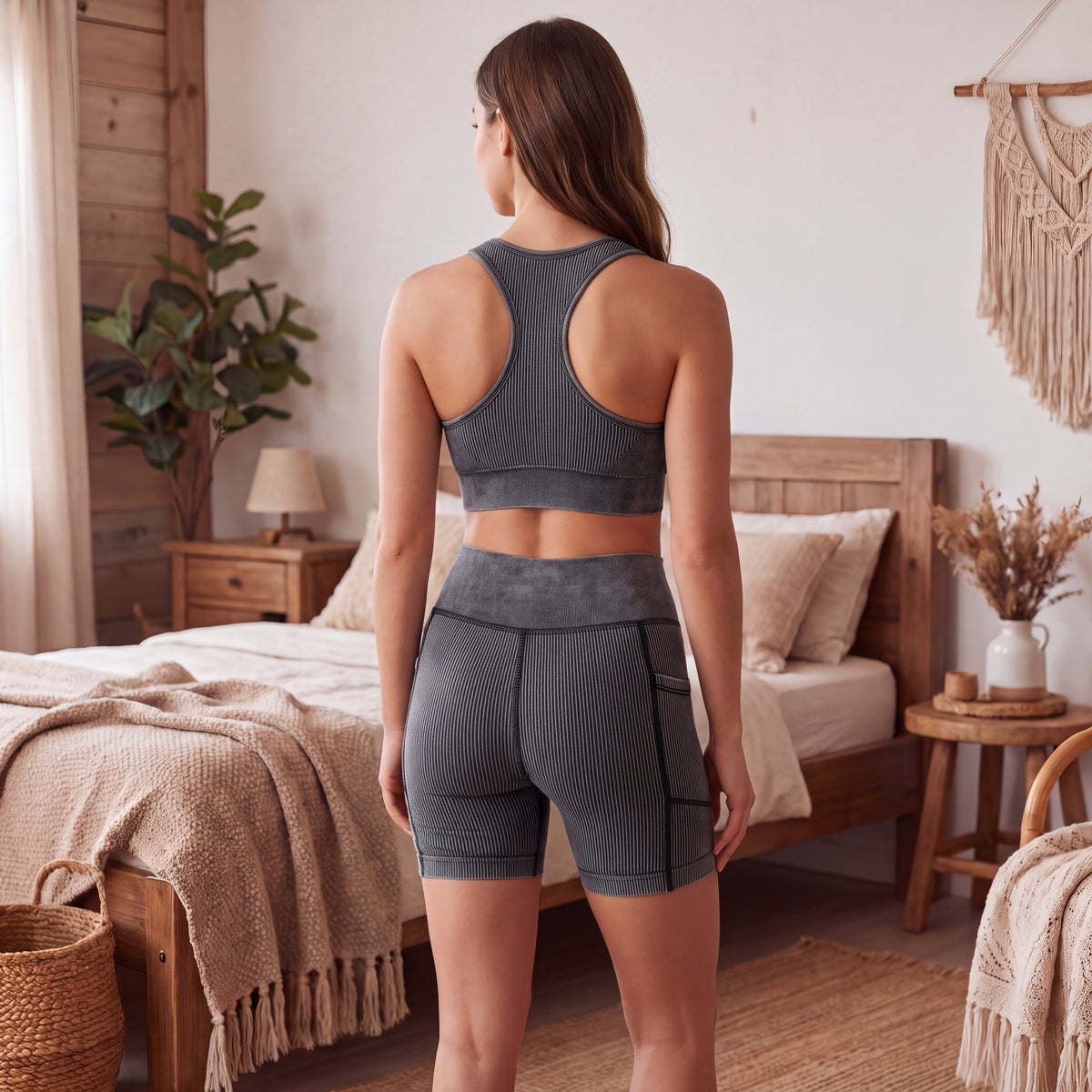 Wash Ribbed Racerback Sports Bra & High Waist Biker Shorts With Pockets Set | Women’s Yoga Activewear