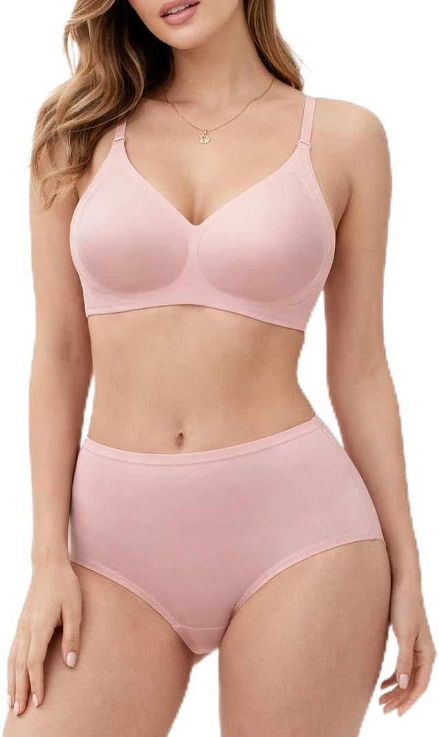 MONICA & ME Women's Seamless Sports Bra and Panty Set, V-Neck Wireless Bralette