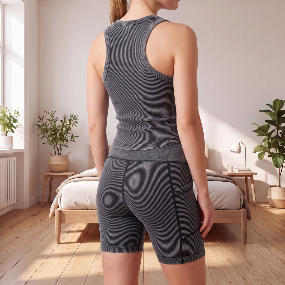 intage Wash Ribbed Henley Tank Top & High Waist Pocket Biker Shorts Set | Women’s Casual Active Loungewear Outfit