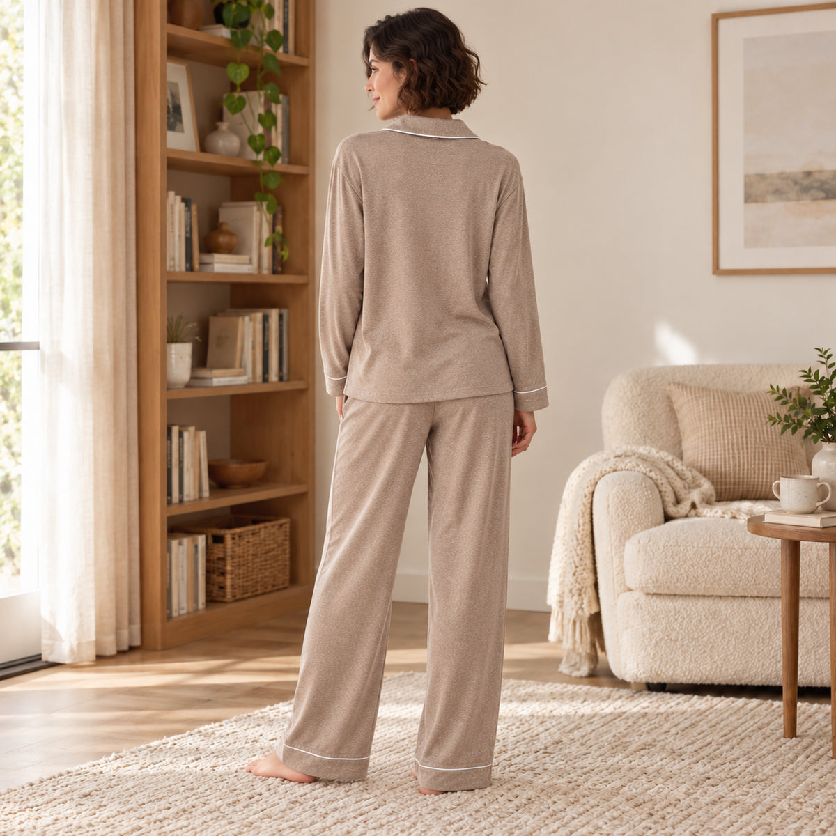 Taupe Button-Front Long-Sleeve Lounge Set back view