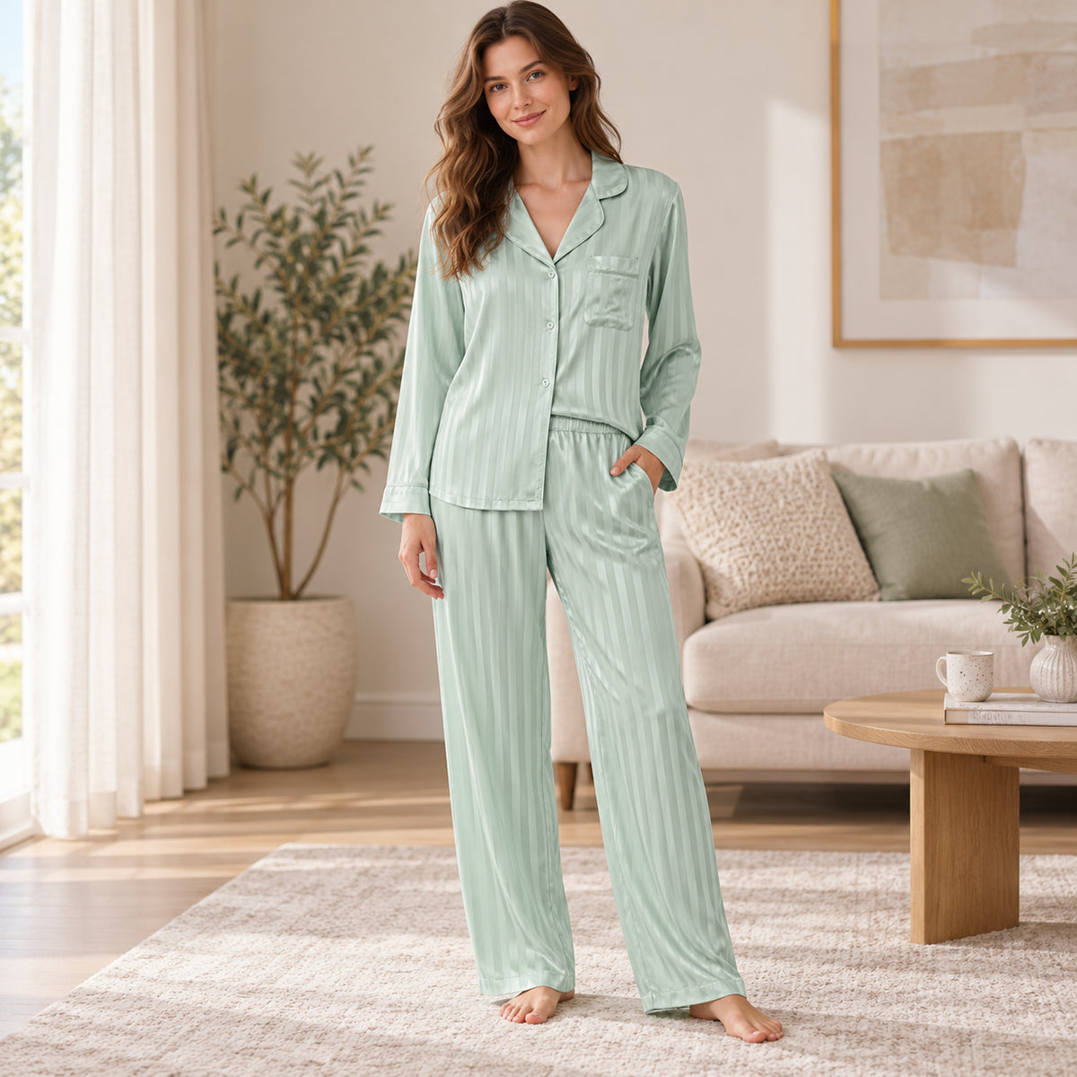 Mint Stripe Button-Front Pajama Set front view