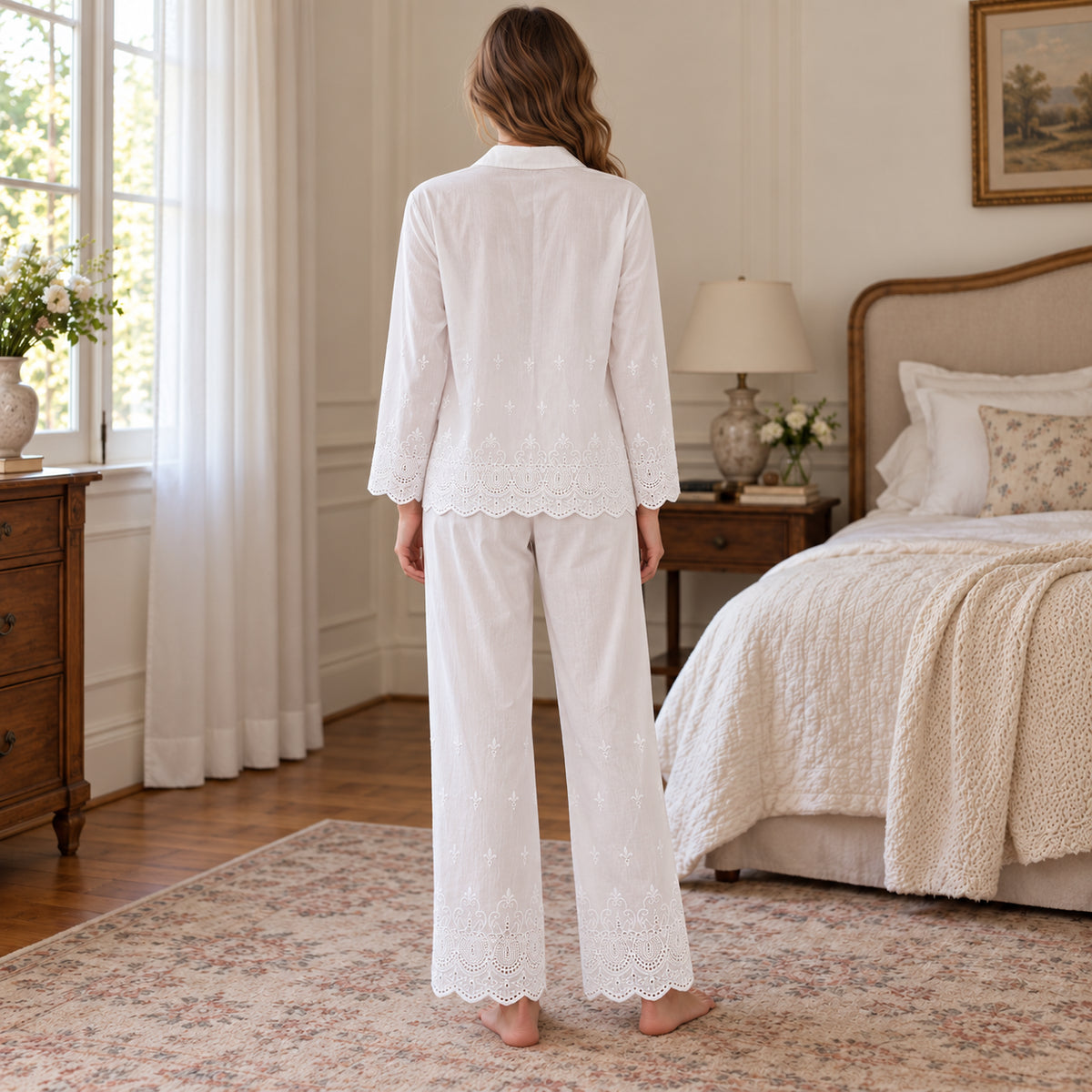 White Long-Sleeve Button-Front Pajama Set back view