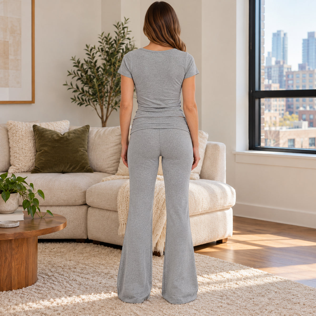 Gray Short-Sleeve Wide-Leg Lounge Set back view