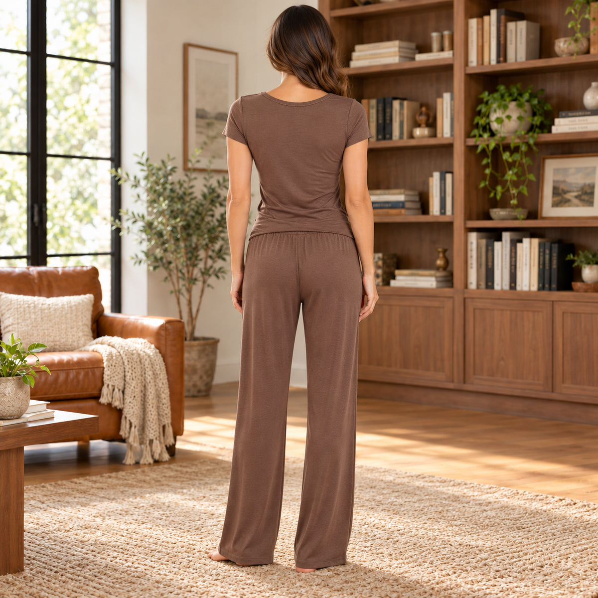Brown Short-Sleeve Wide-Leg Lounge Set back view