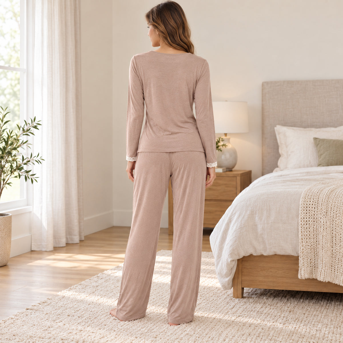 Taupe Lace-Trim Long-Sleeve Lounge Set back view