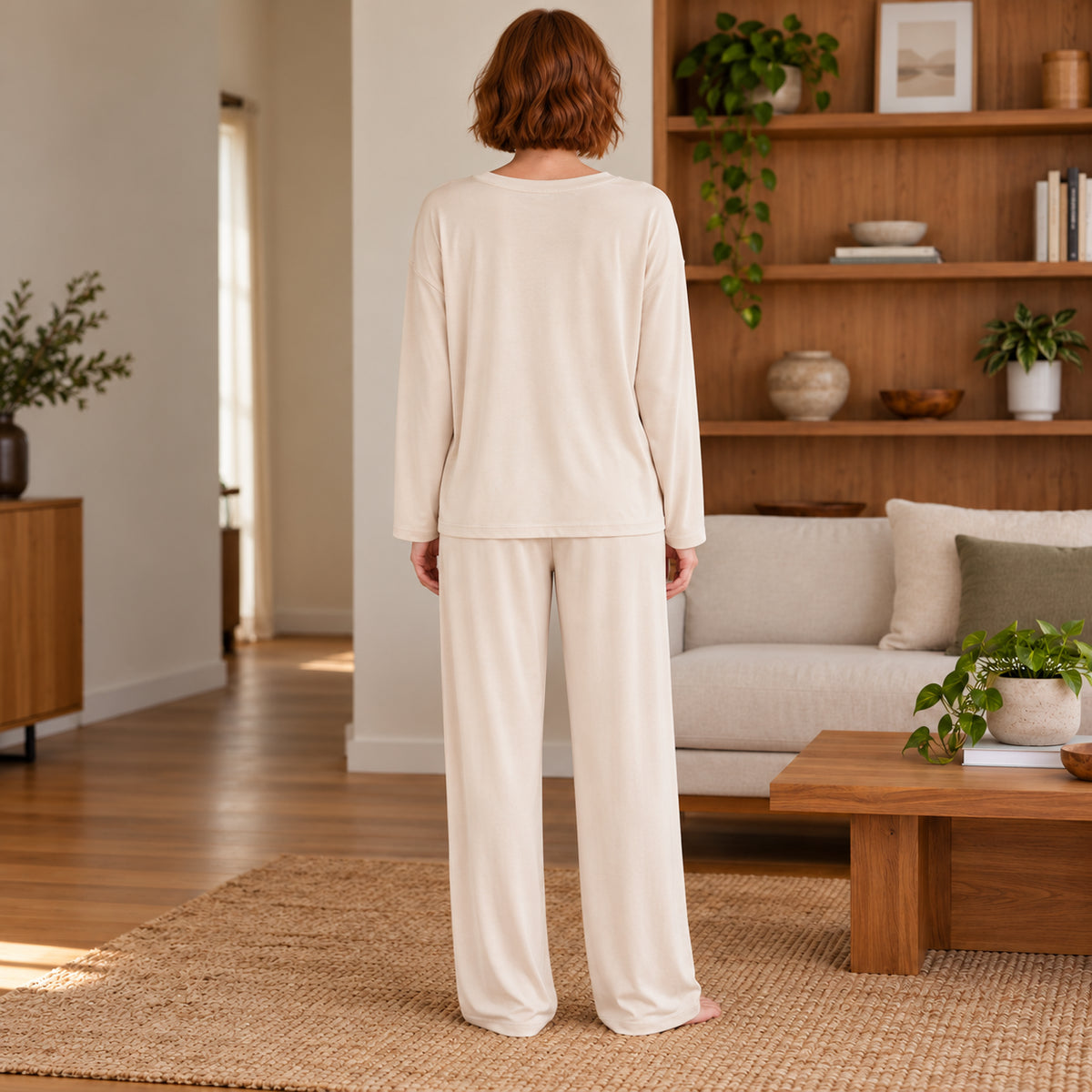 Ivory Long-Sleeve Henley Lounge Set back view