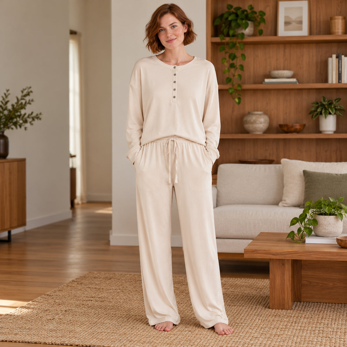 Ivory Long-Sleeve Henley Lounge Set front view