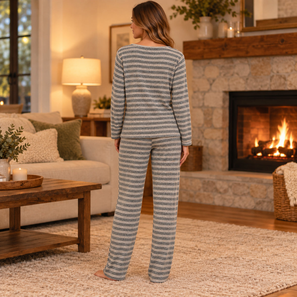Gray Stripe Long-Sleeve Lounge Set back view