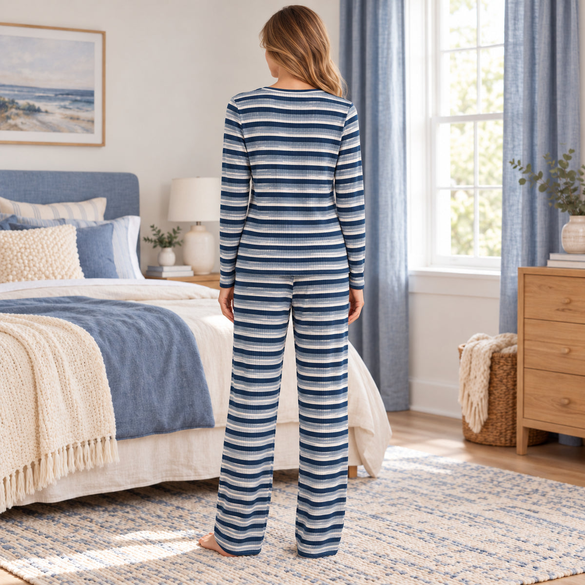 Blue Stripe Long-Sleeve Lounge Set back view