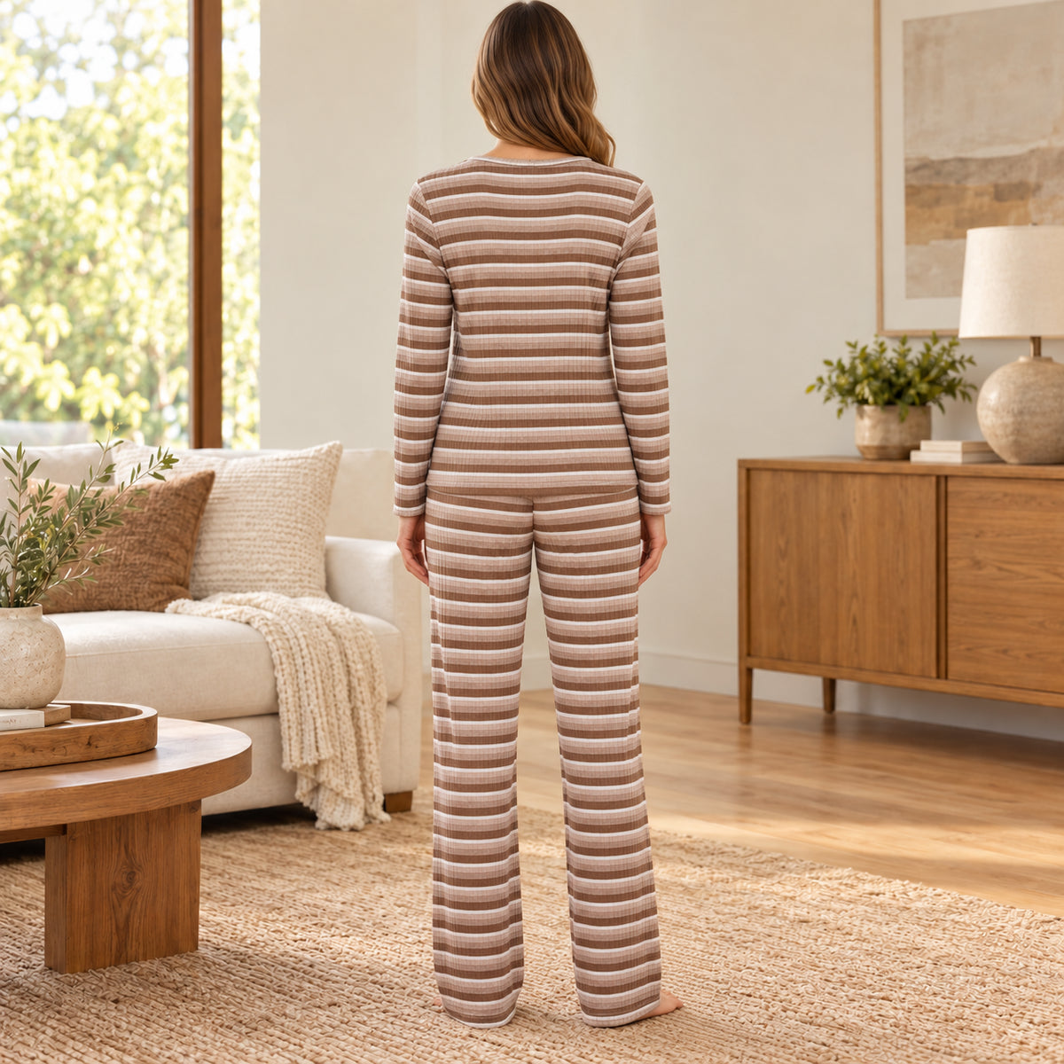 Brown Stripe Long-Sleeve Lounge Set back view