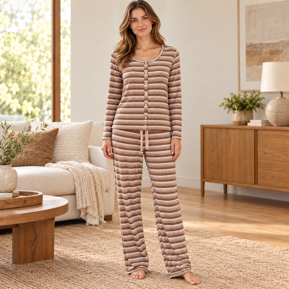 Brown Stripe Long-Sleeve Lounge Set front view