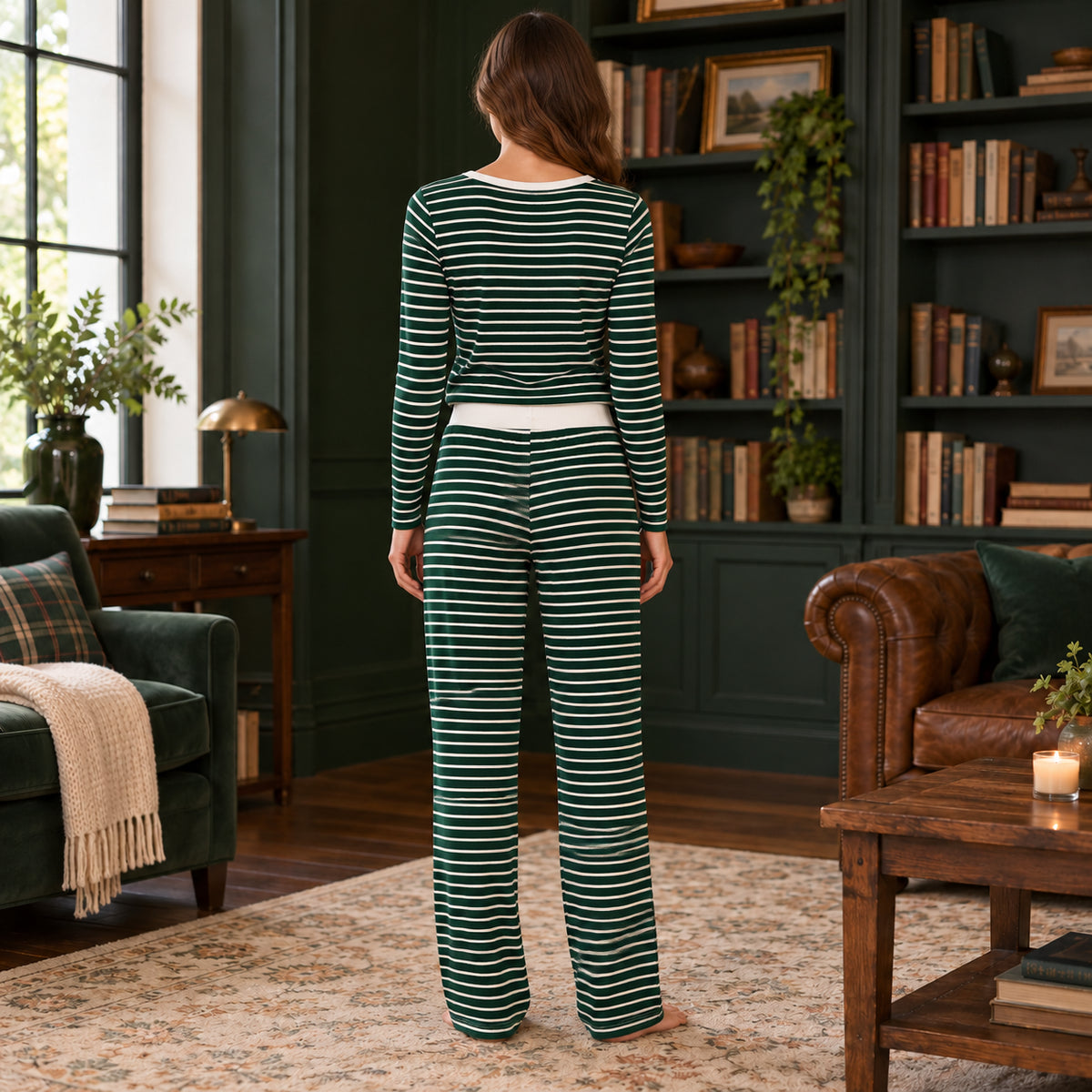 Green Stripe Long-Sleeve Lounge Set back view