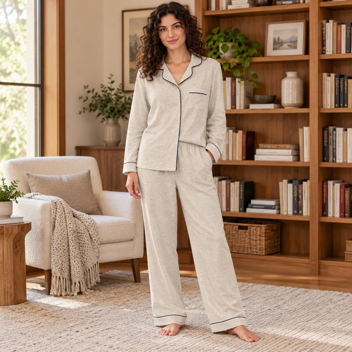 Oatmeal Contrast-Piping Long-Sleeve Pajama Set front view