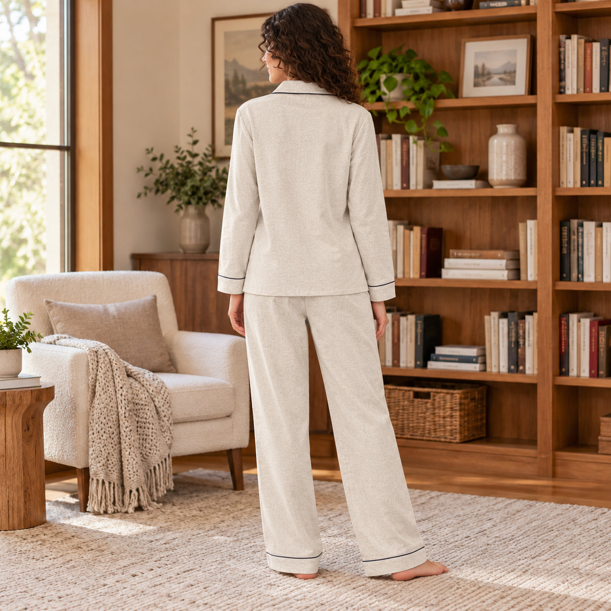 Oatmeal Contrast-Piping Long-Sleeve Pajama Set back view