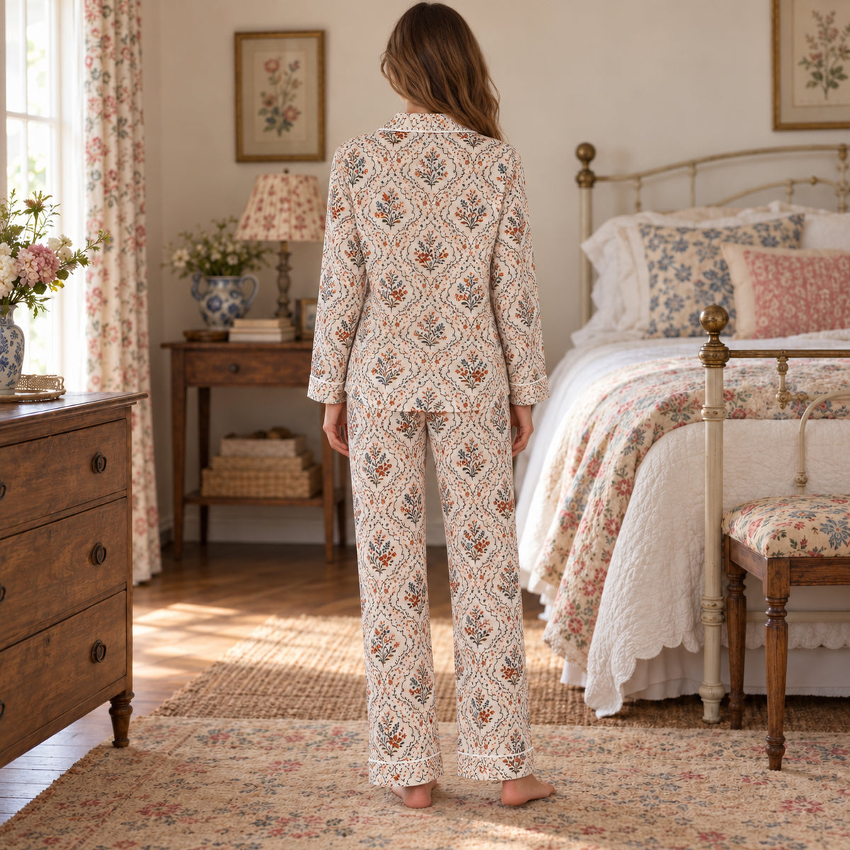 Ivory Floral Print Button-Front Pajama Set back view