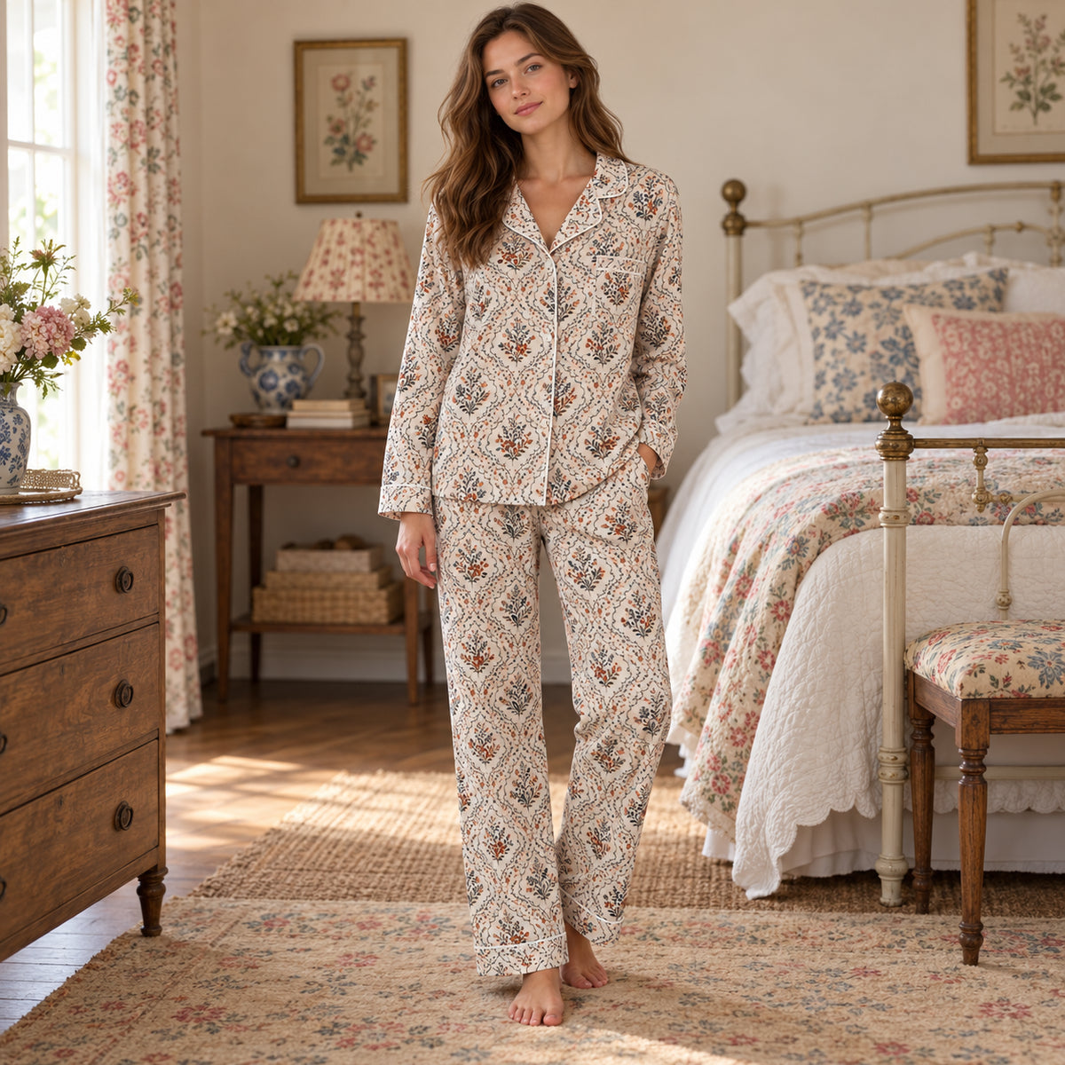 Ivory Floral Print Button-Front Pajama Set front view