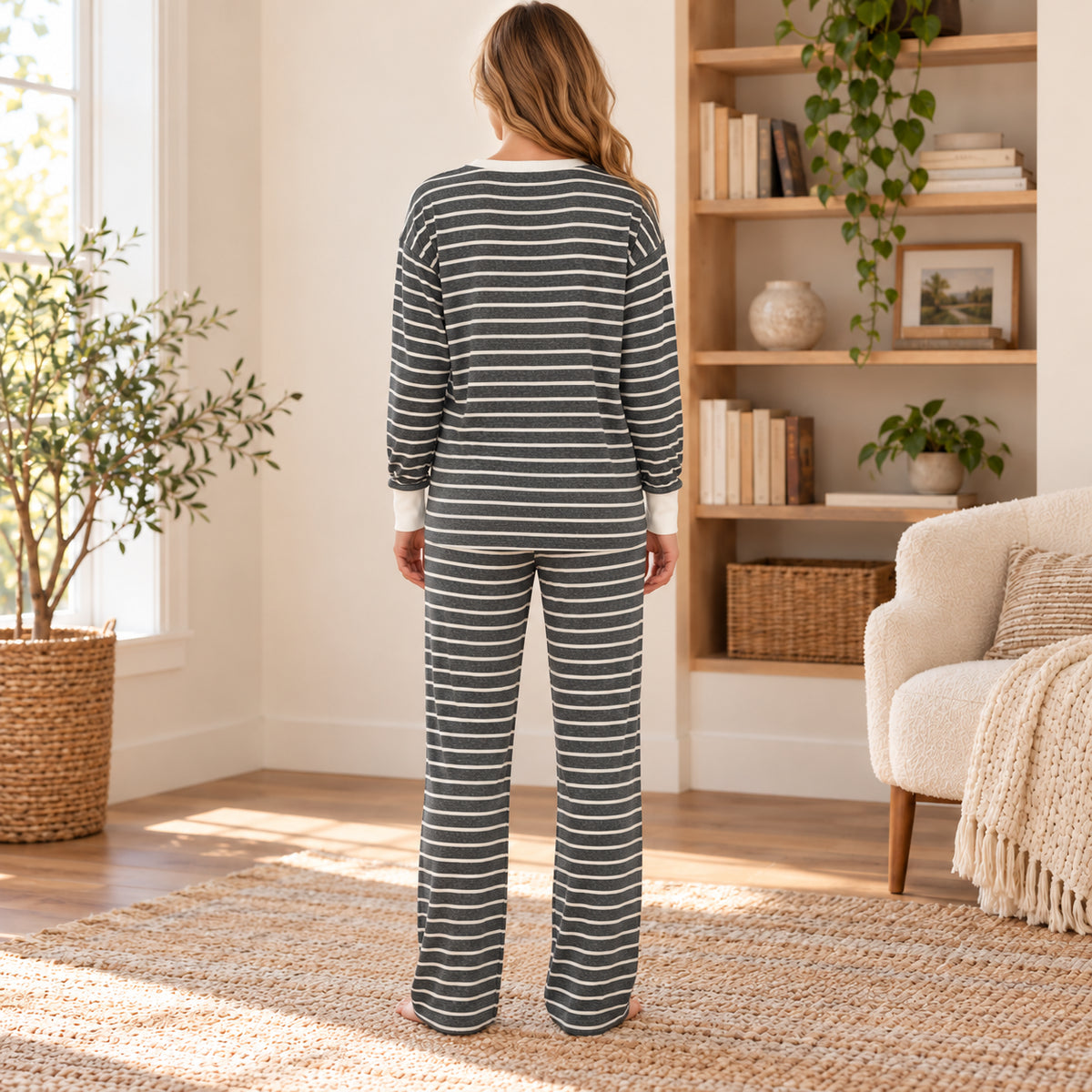 Black and White Striped Henley Pajama Pants Set back view