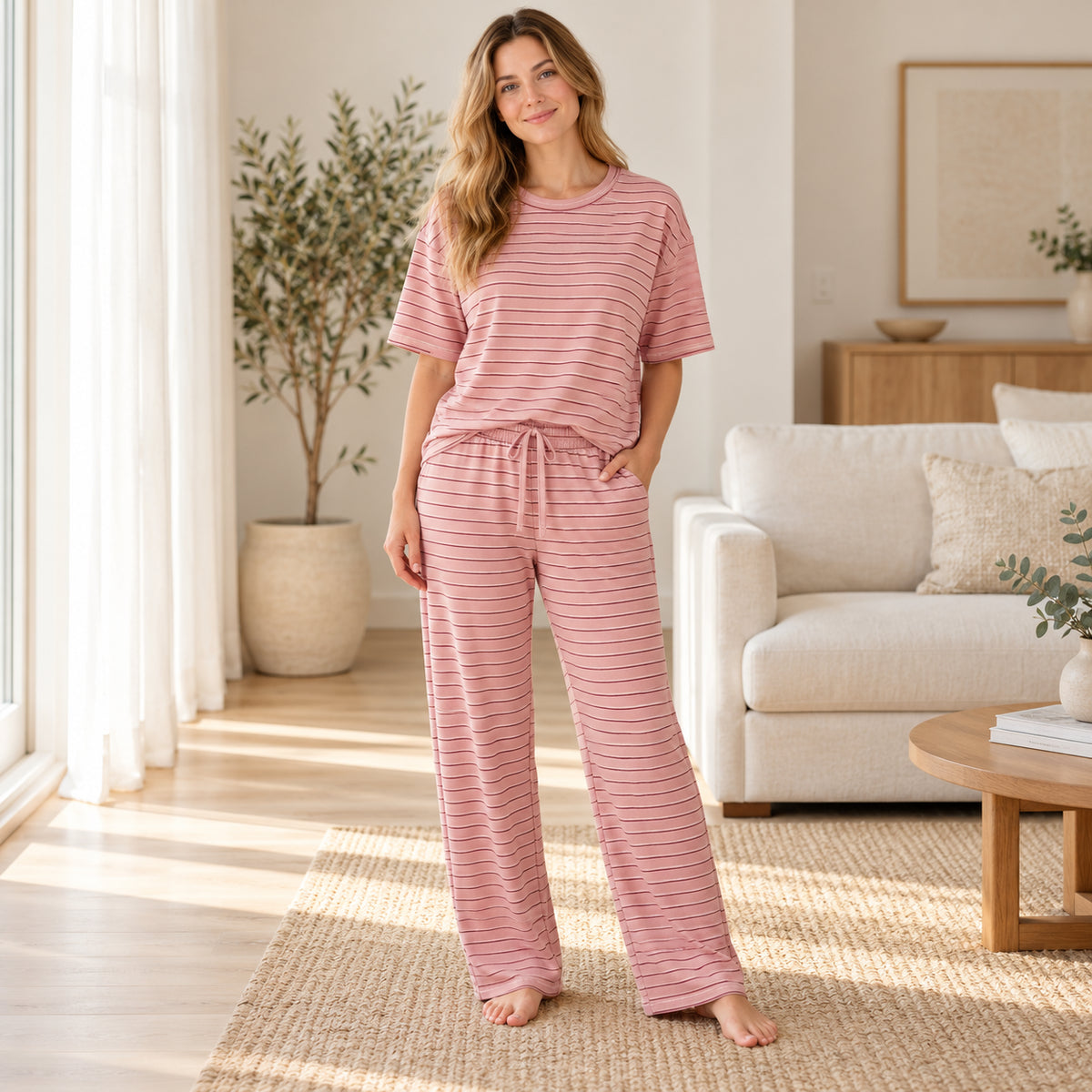 Pink Striped Short-Sleeve Pajama Pants Set front view