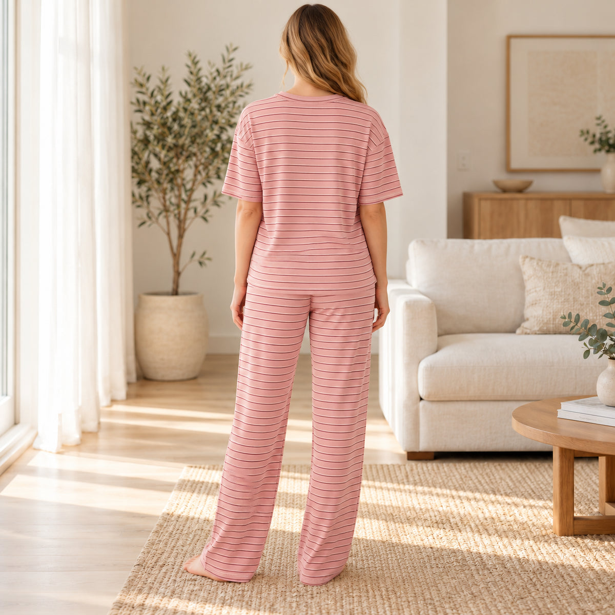 Pink Striped Short-Sleeve Pajama Pants Set back view