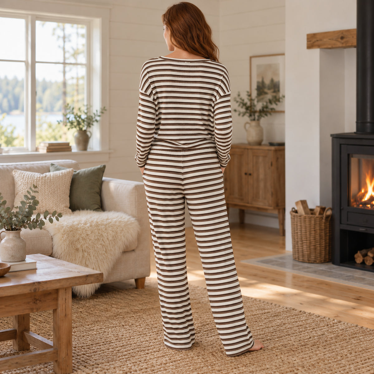 Brown Striped Long-Sleeve Pajama Pants Set back view