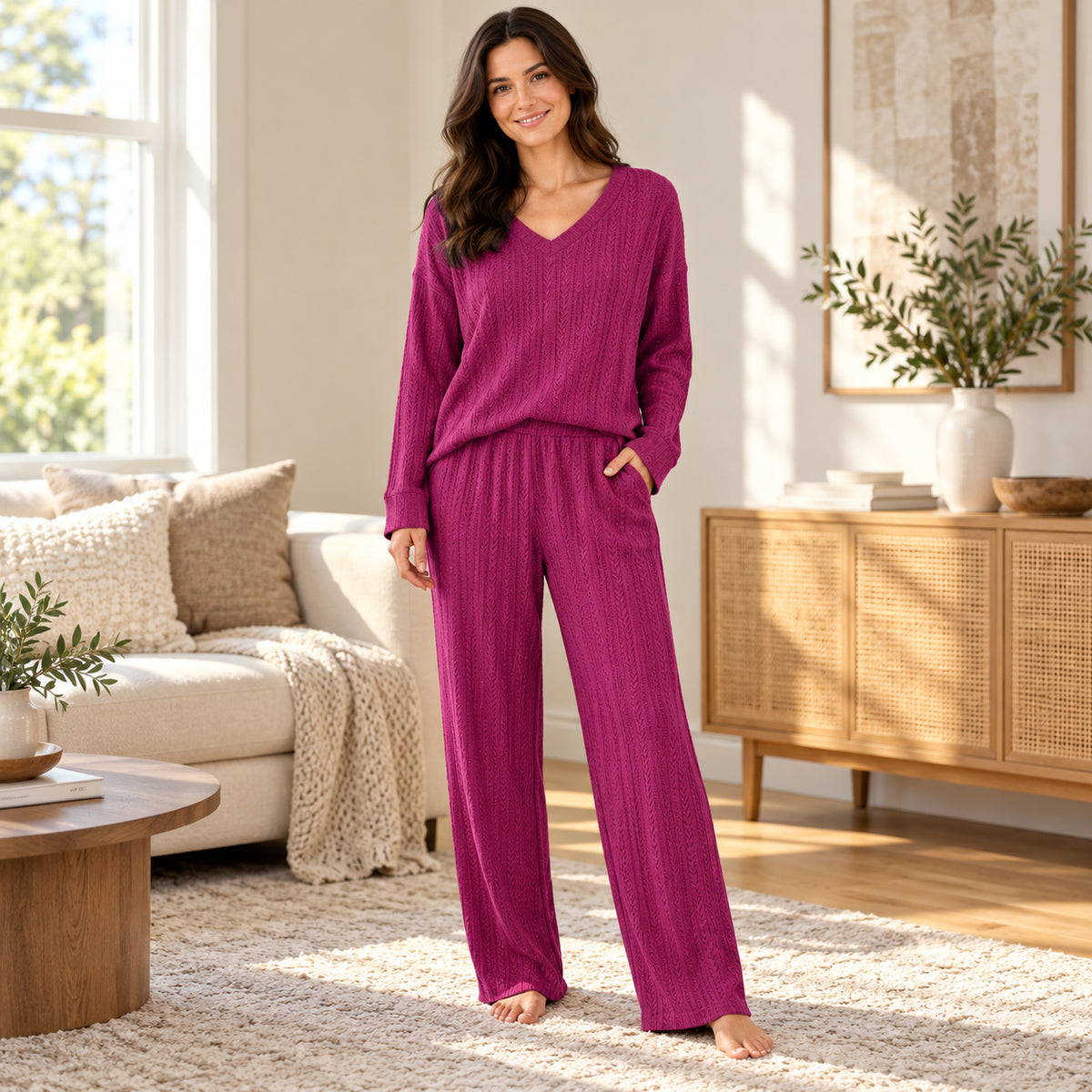 Magenta V-Neck Long-Sleeve Lounge Set front view