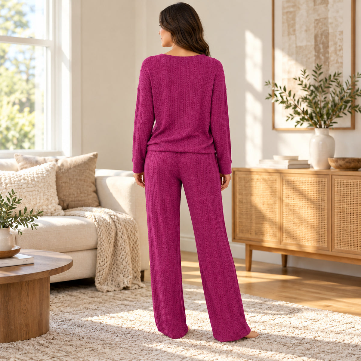 Magenta V-Neck Long-Sleeve Lounge Set back view