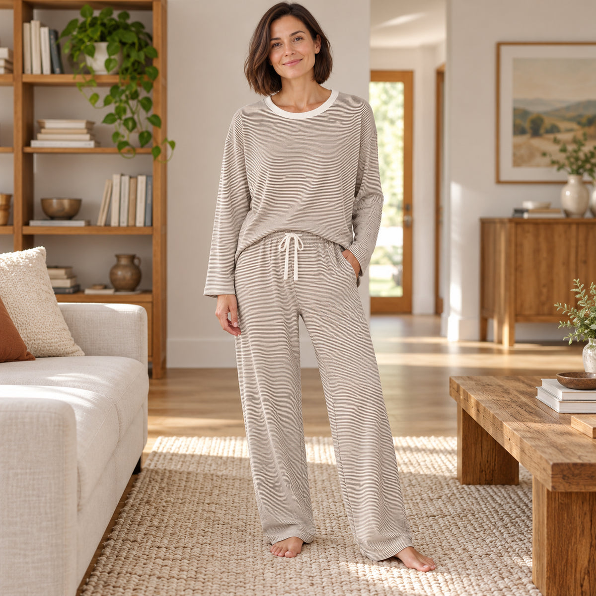 Gray Stripe Long-Sleeve Lounge Set front view