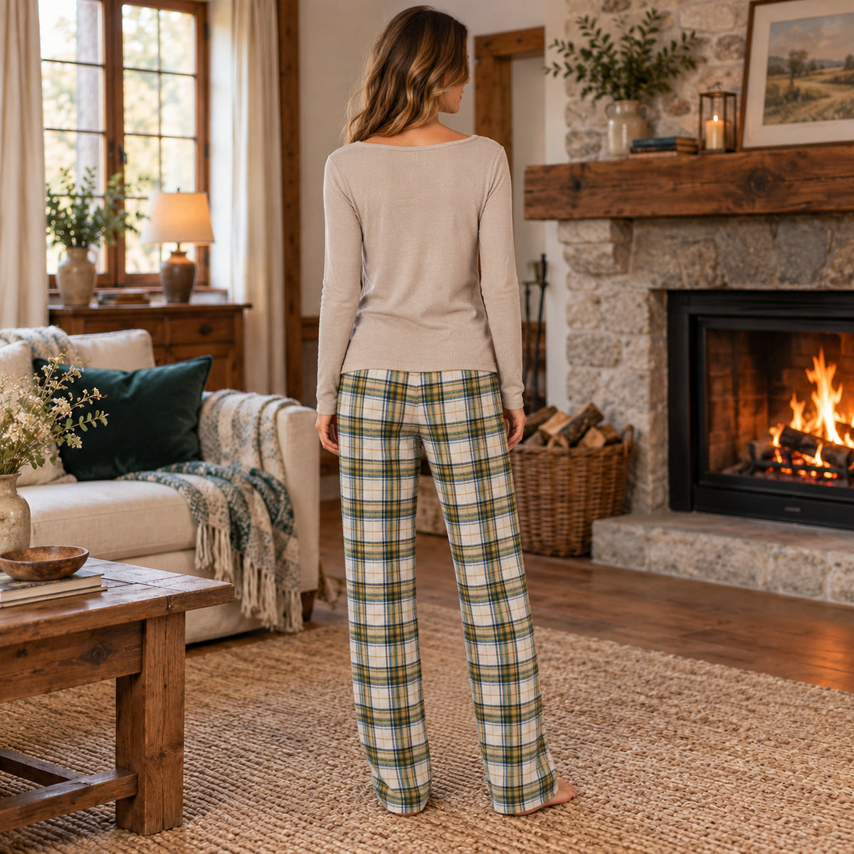 Cream Long-Sleeve Top and Plaid Pajama Pants Set back view