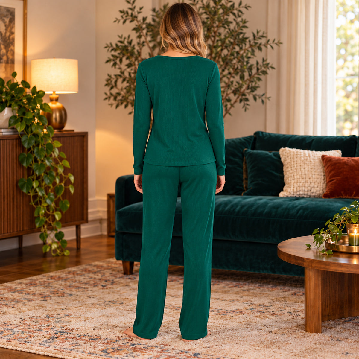 Green Long-Sleeve Henley Lounge Set back view