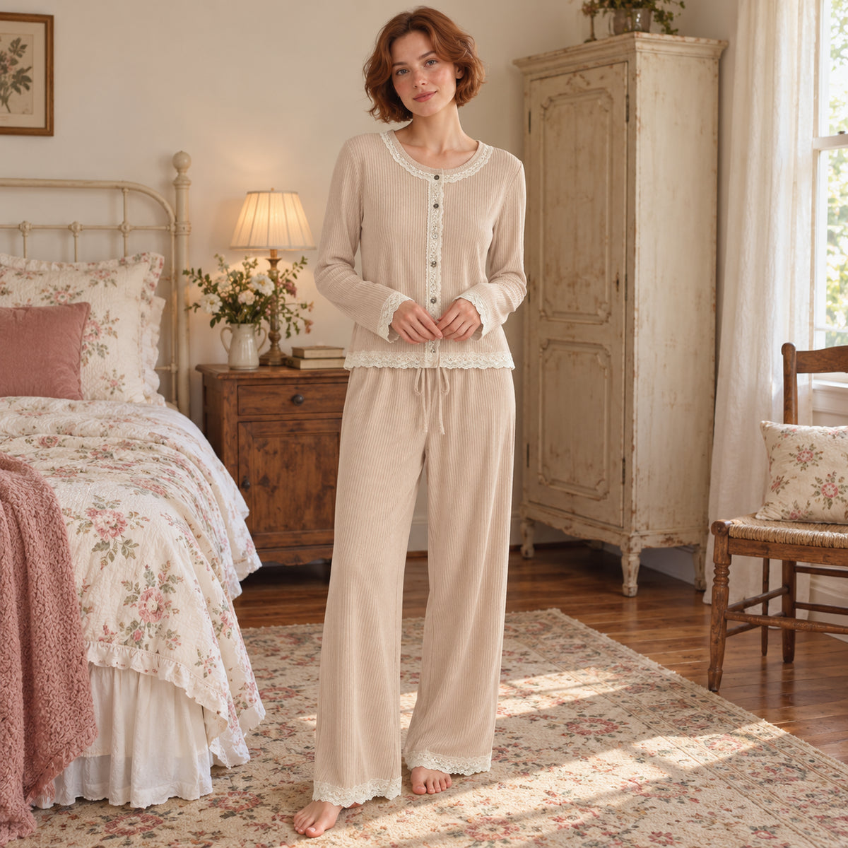 Beige Button-Front Long-Sleeve Lounge Set front view