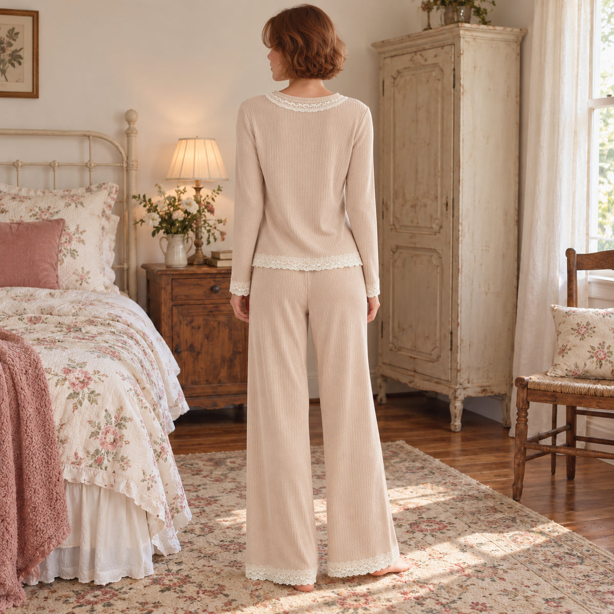 Beige Button-Front Long-Sleeve Lounge Set back view