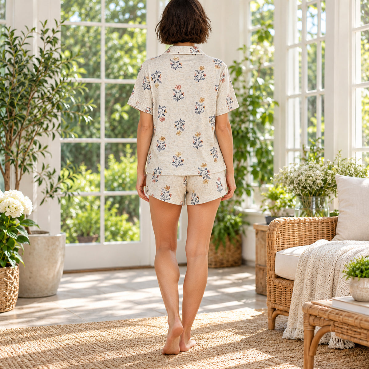 Ivory Floral Button-Front Shorts Pajama Set back view
