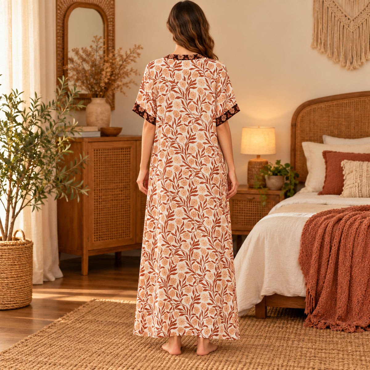 Floral Short-Sleeve Long Nightdress back view