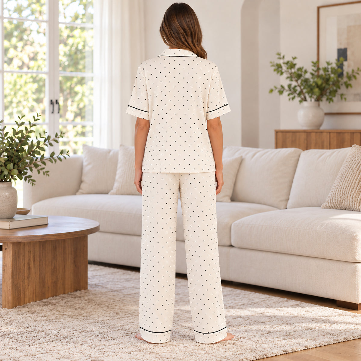 Ivory Contrast-Trim Button-Front Pants Pajama Set back view