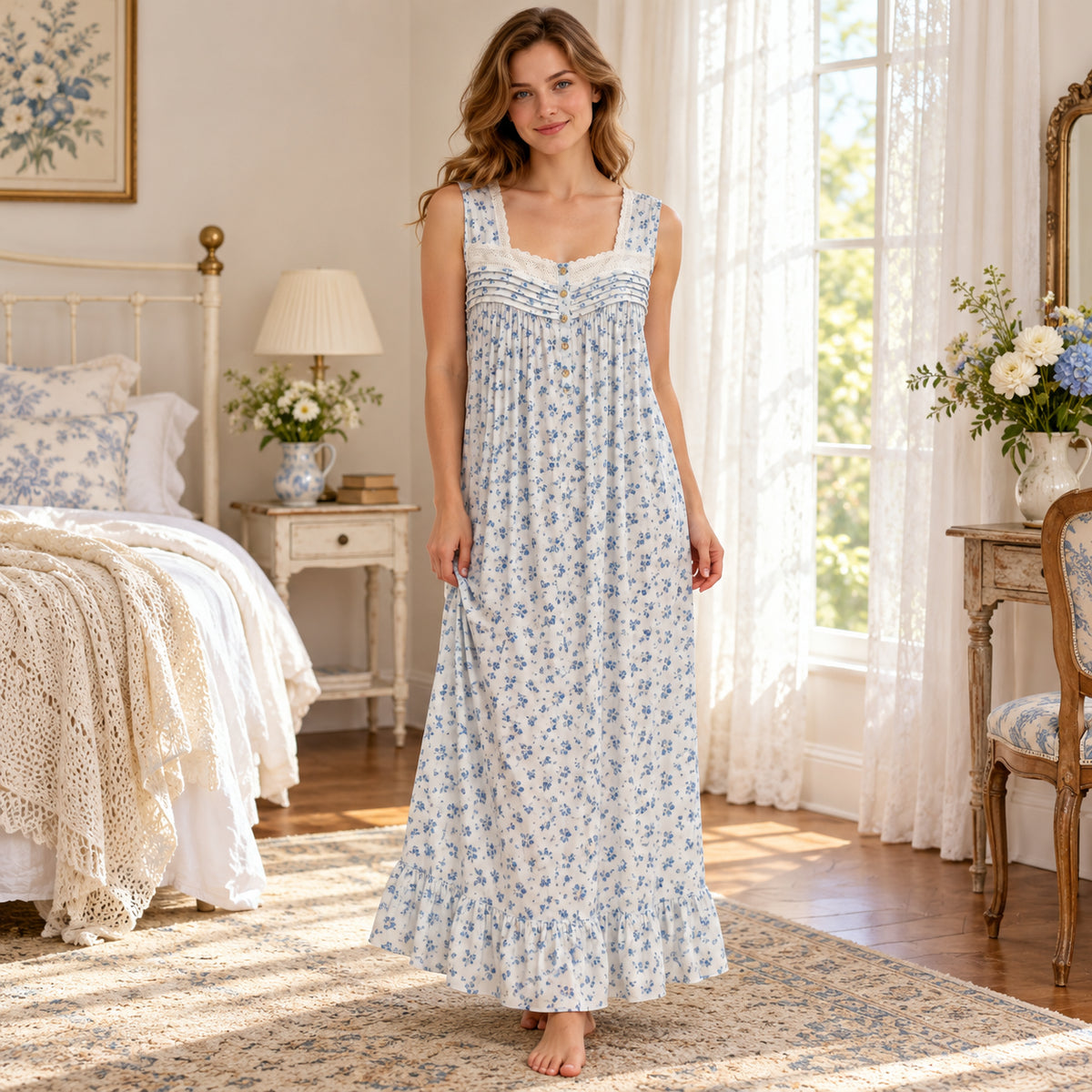Blue Floral Cami Long Nightdress front view