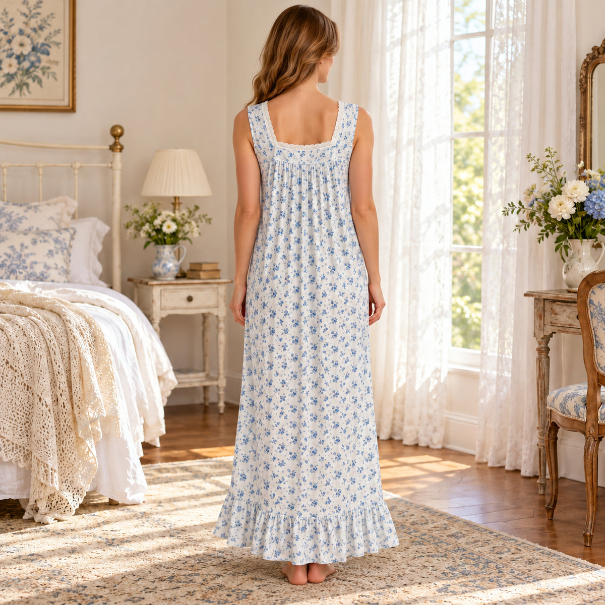 Blue Floral Cami Long Nightdress back view