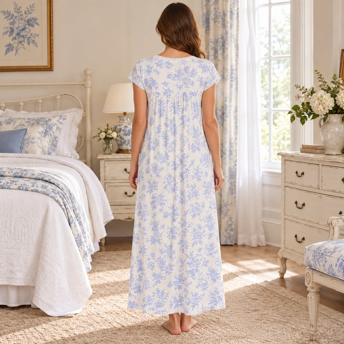Blue Floral Cap-Sleeve Long Nightdress back view