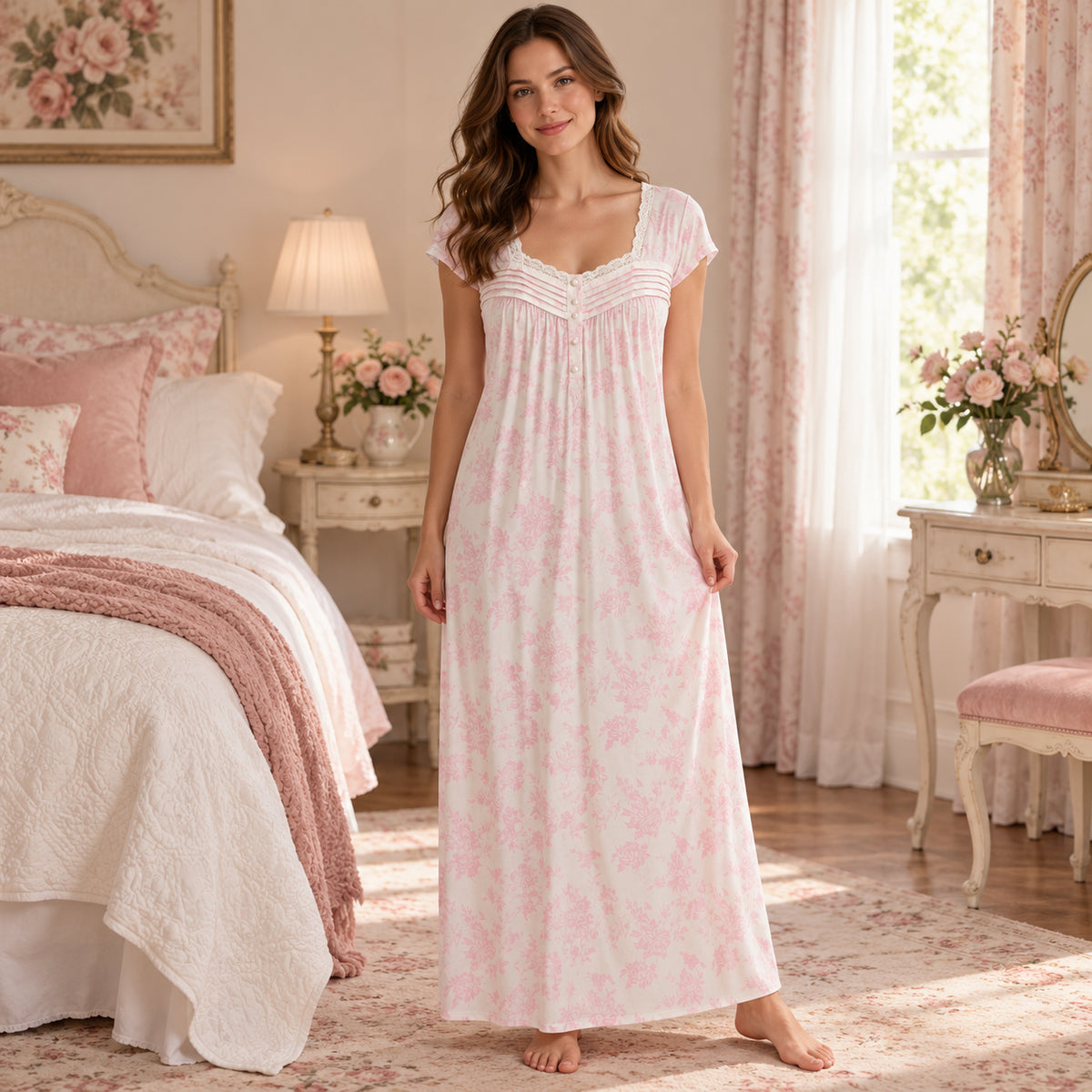 Pink Floral Cap-Sleeve Long Nightdress front view