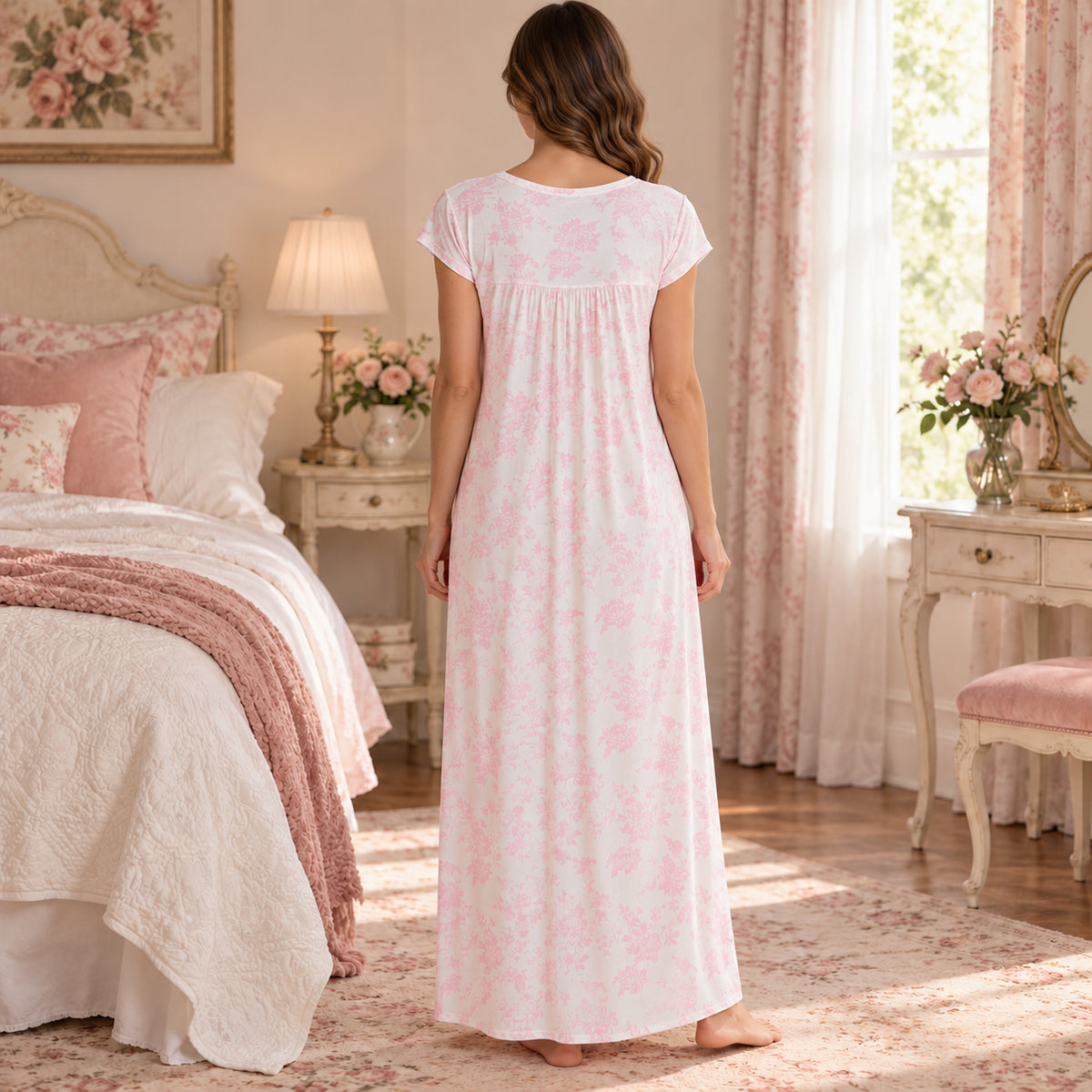 Pink Floral Cap-Sleeve Long Nightdress back view