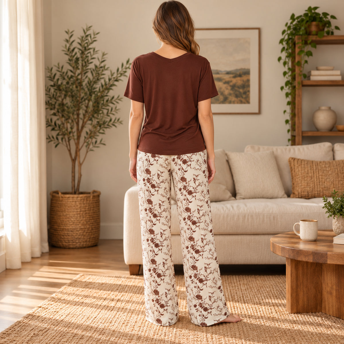 Burgundy Top and Floral Pants Pajama Set back view
