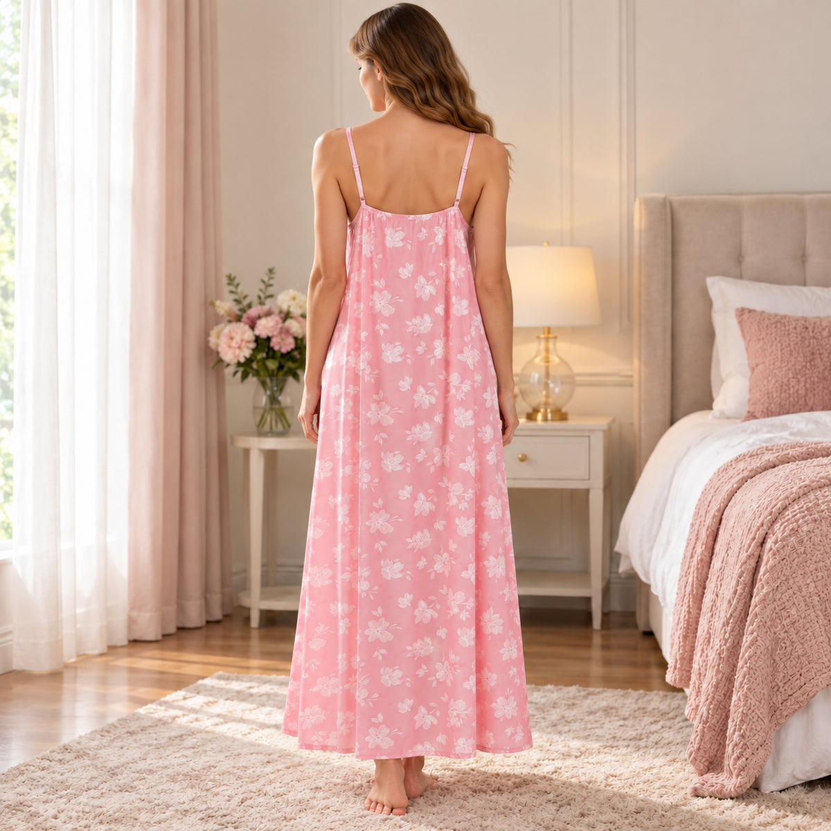 Pink Floral Cami Long Nightdress back view