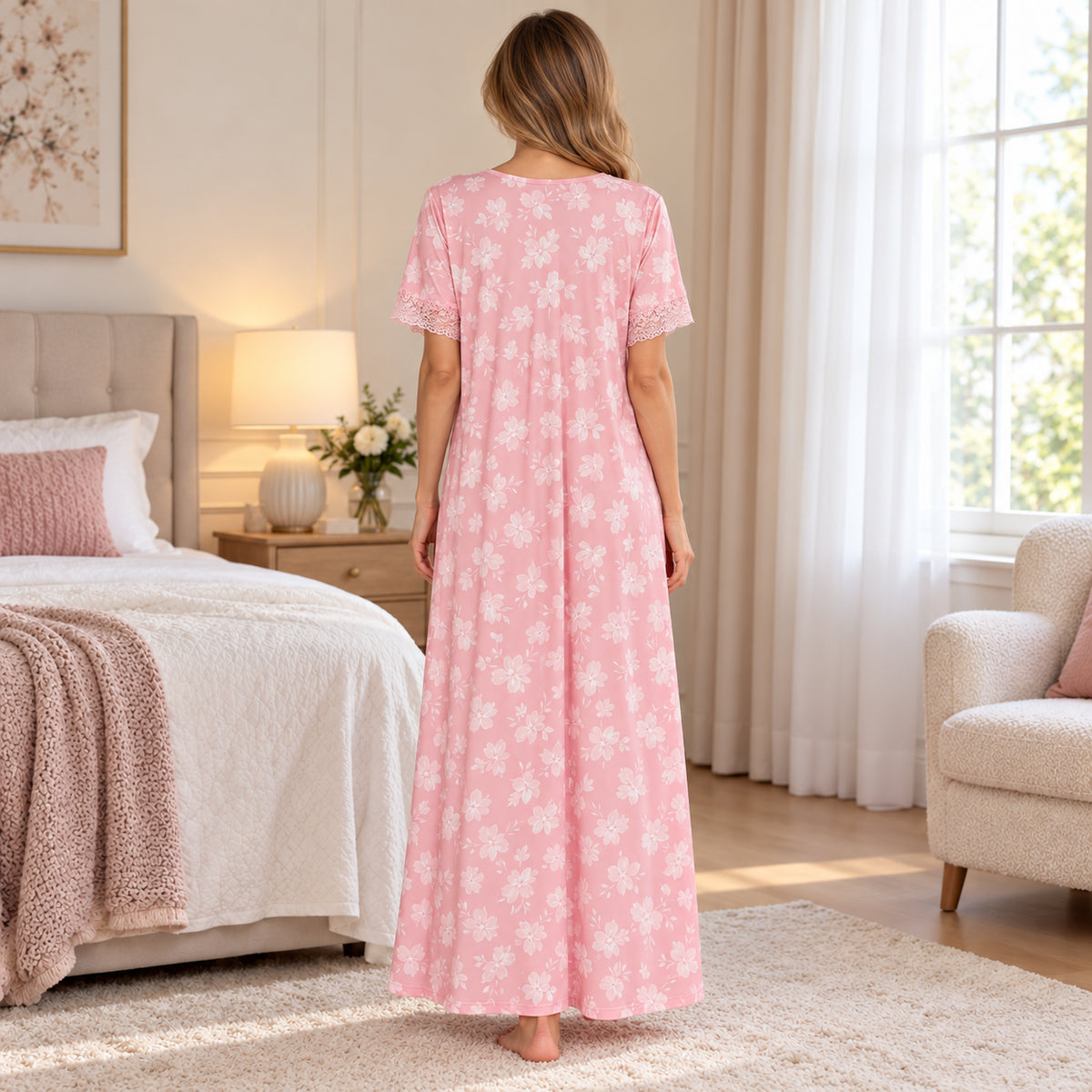 Pink Floral Short-Sleeve Long Nightdress back view