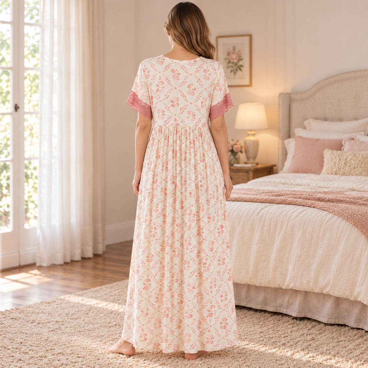 Pink Floral V-Neck Long Nightdress back view