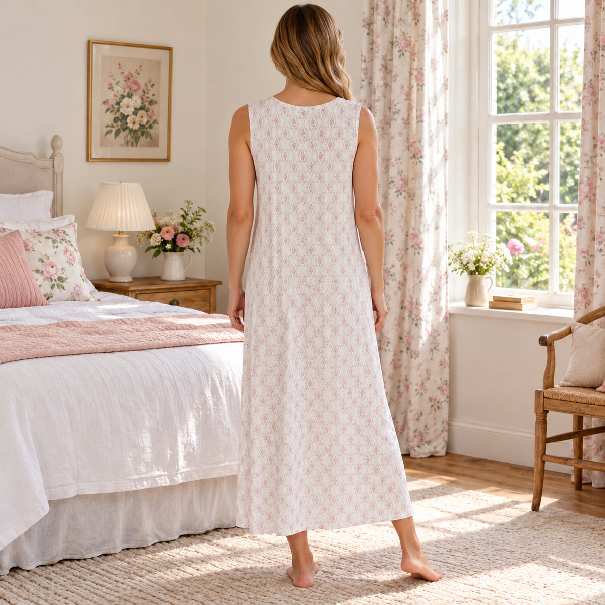 White Floral V-Neck Sleeveless Nightdress back view
