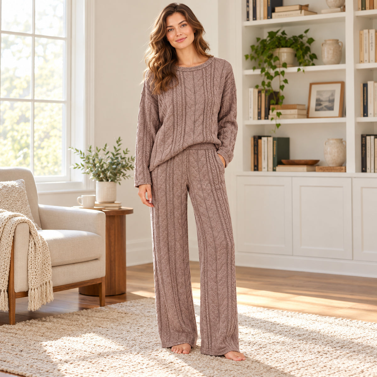 Mauve Textured Long-Sleeve Lounge Set front view