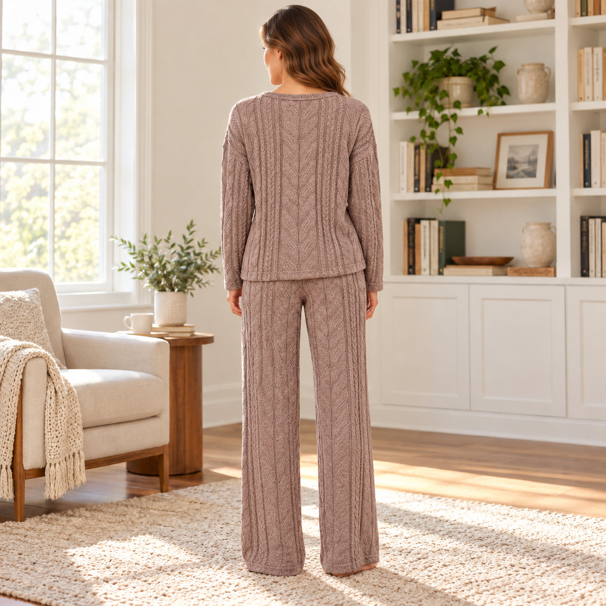 Mauve Textured Long-Sleeve Lounge Set back view