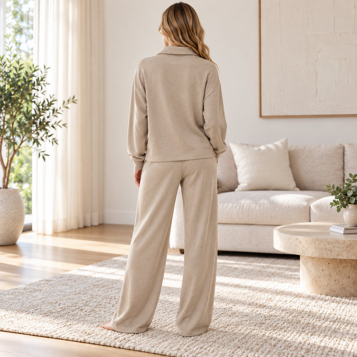 Taupe Collared Wide-Leg Lounge Set back view