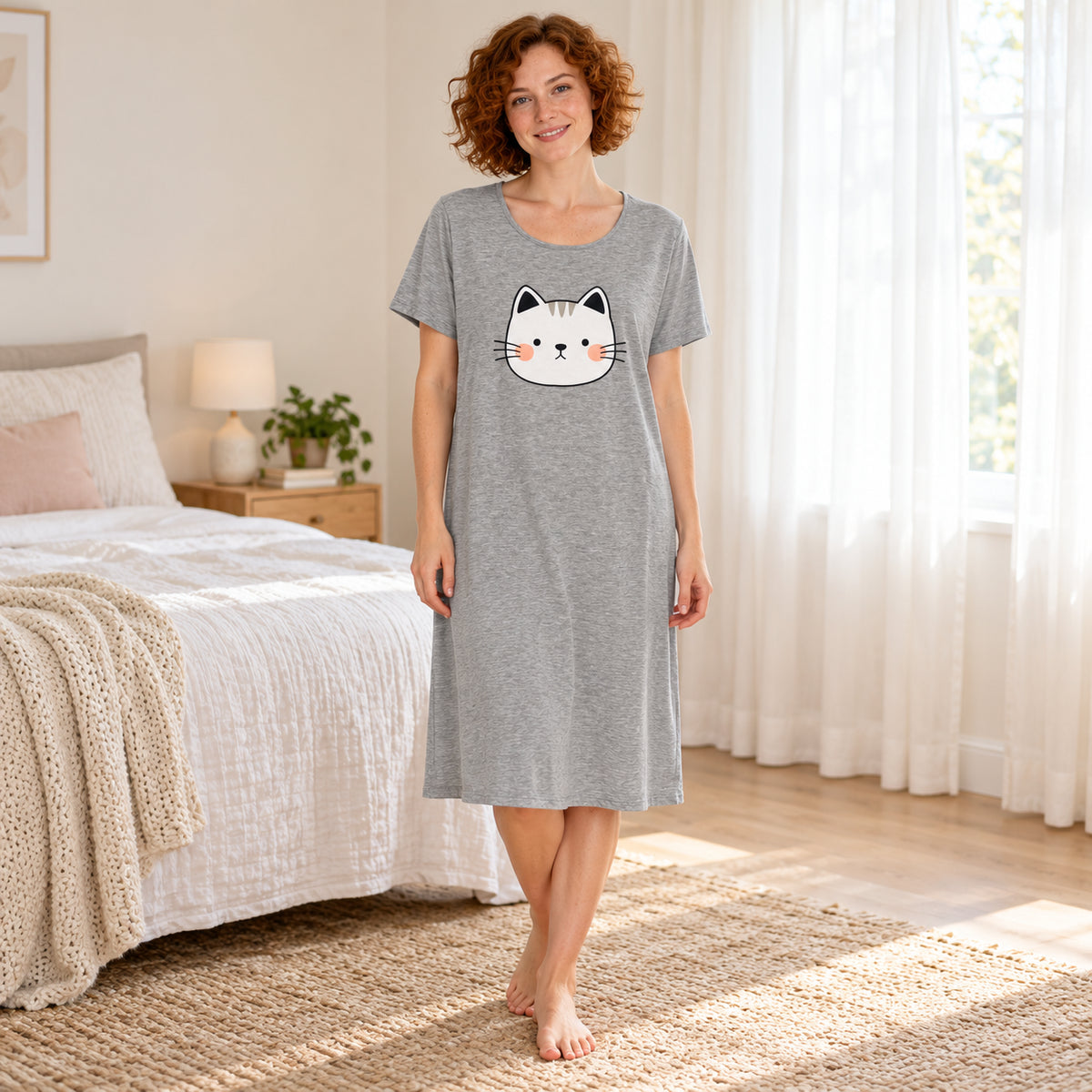 Gray Cat Graphic Short-Sleeve Nightdress front view